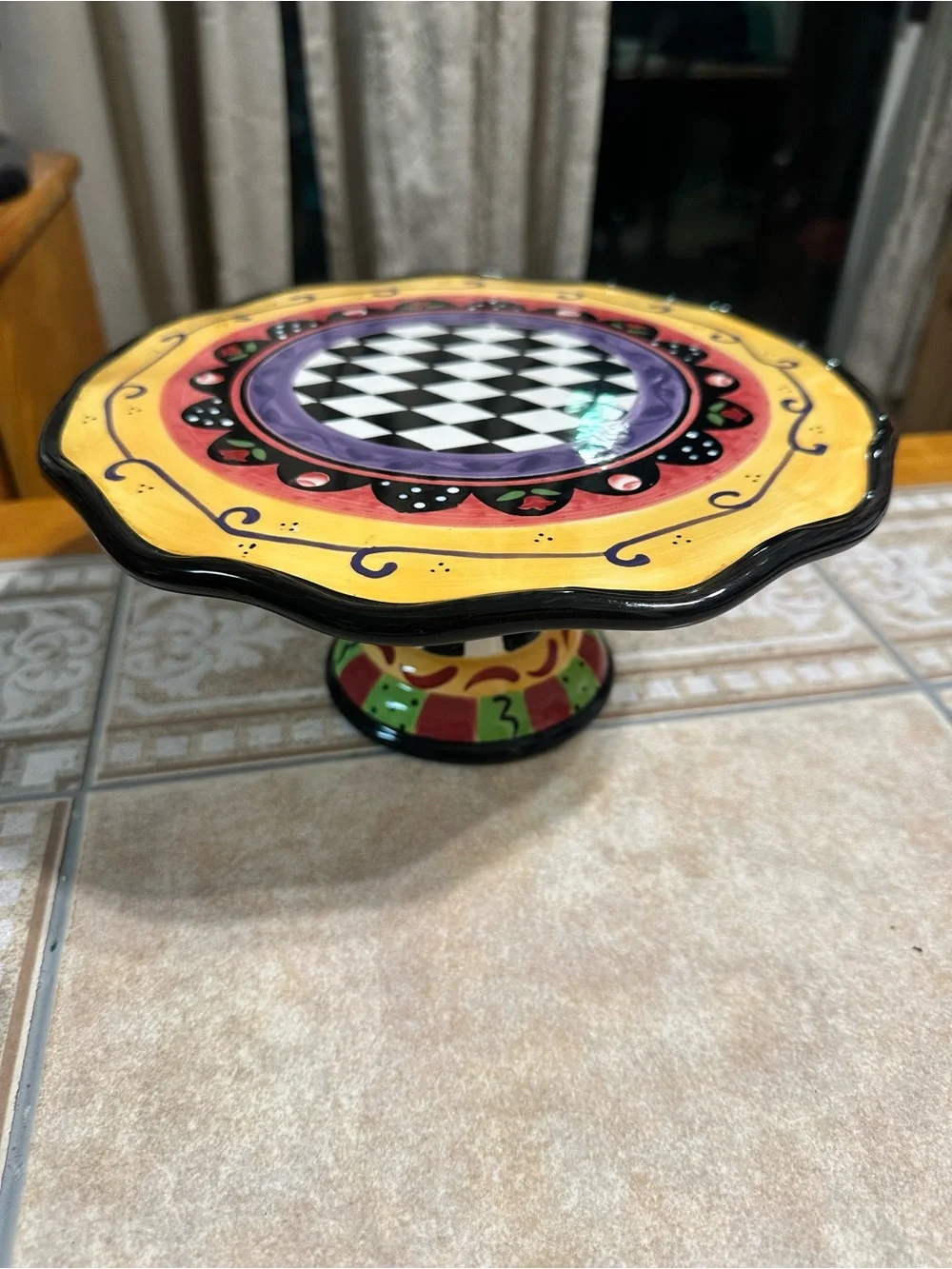 Colorful Hand-Painted Pedestal Cake Stand - Yellow, Purple & Black